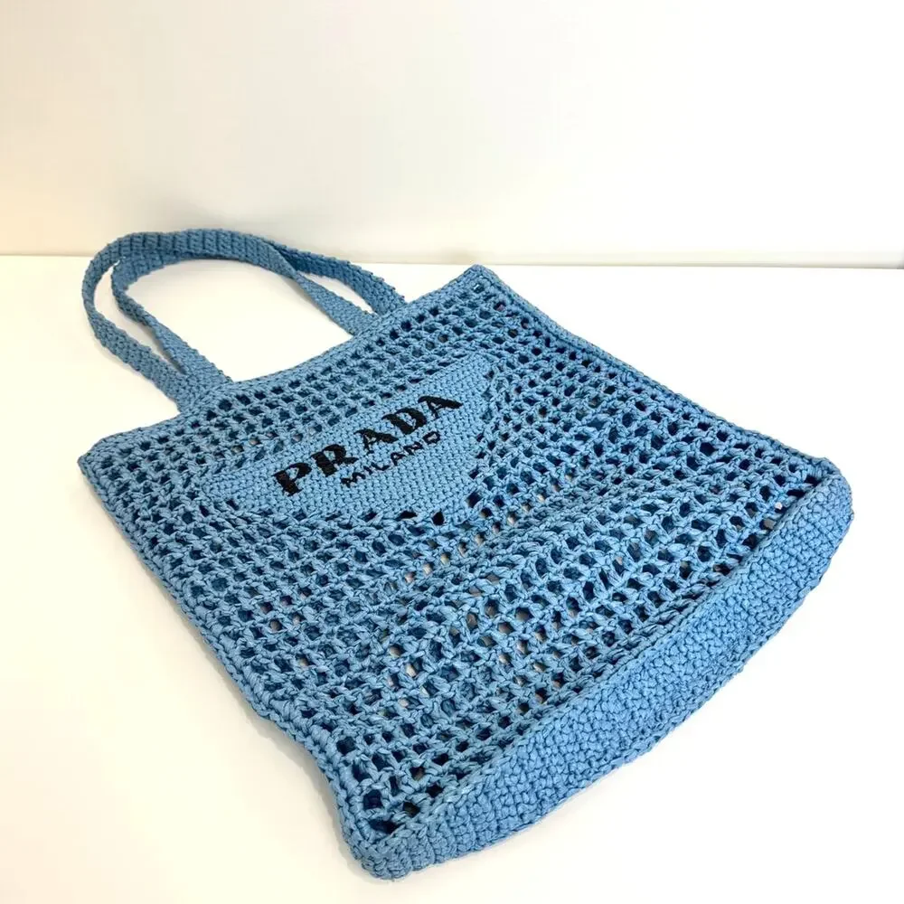 PRADA Blue Yarn Raffia Effect Crochet Logo Embroidered Tote Bag Black Shoulder